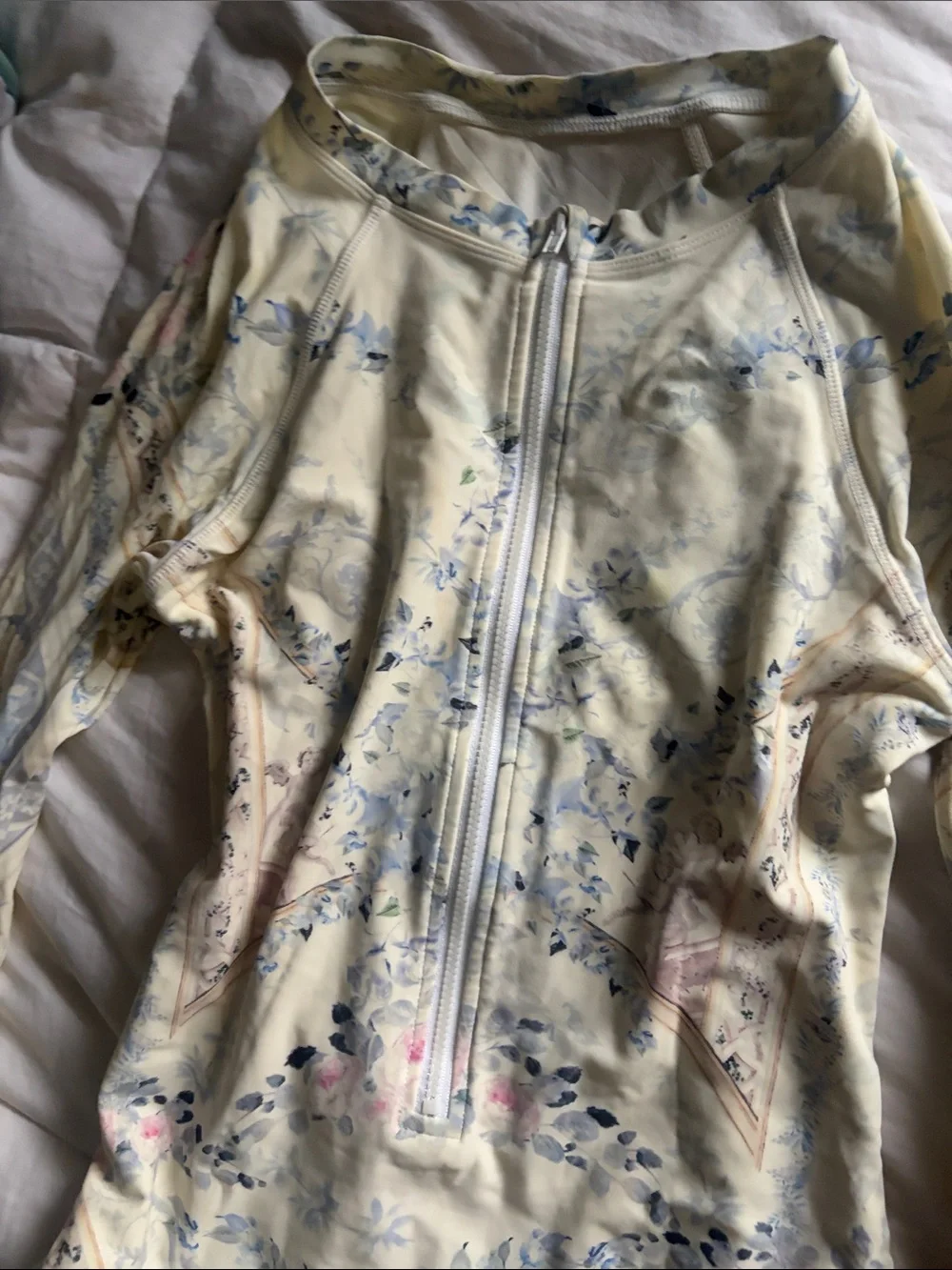 Camilla Cream Floral Zip-Front Long-Sleeve Swim Bodysuit